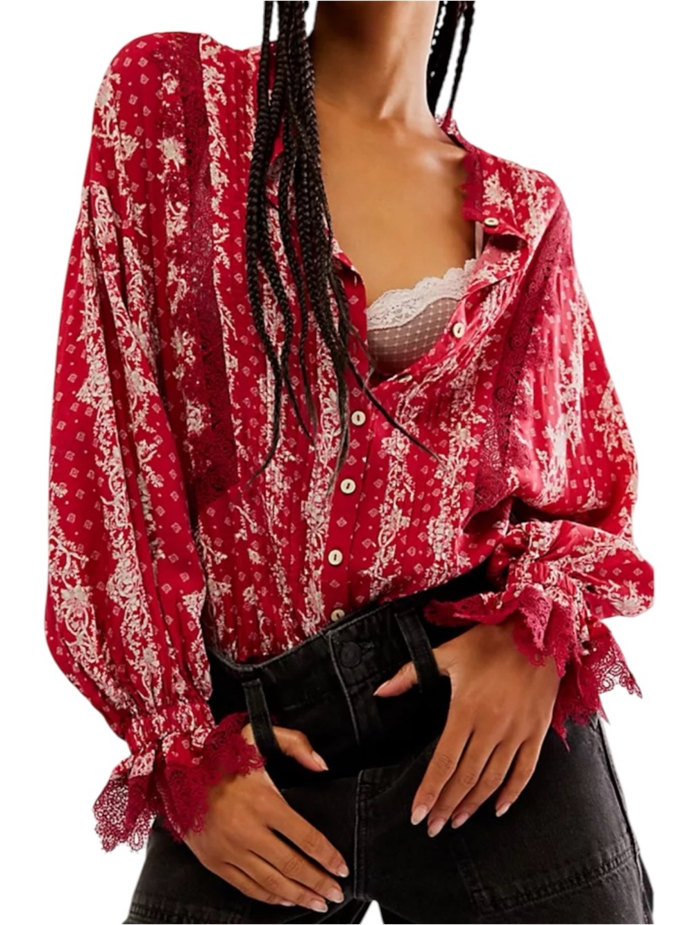 Free People Intimately | Red Lace After Hours Printed Bodysuit Romantic Boho